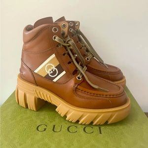 Gucci Interlocking G logo Lace Up Ankle Boot brown leather hiking bootie